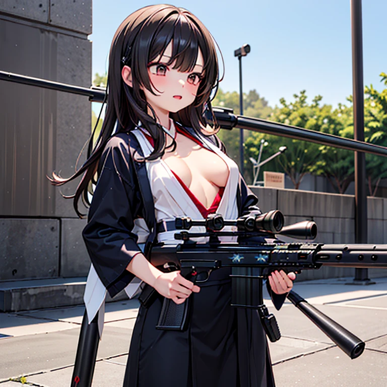 (Fox Girl, Fox Ears, Black colored hair, Fox Makeup, One Girl, Long Hair:1.6), (kimono, Kimono with open chest, A beautiful kimono with red and black patterns, I can see her cleavage, Open chest, Exposed skin:1.8), (Body measurements are 75-60-75!, Young girl body, Small breasts, Small breasts, Emphasize the chest, Sniper, Ready your gun?, 50caliber, Have a weapon, sniper rifle:1.9), Avatar, face, lewd face, Dominant representation, naughty face, Uplifting, Skin Texture, outside, Grassy field