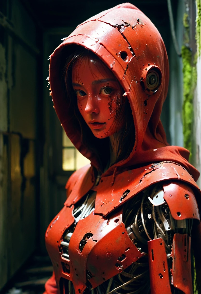 1girl,EA post apocalyptic photo of a red hooded a broken feminine humanoid robot,At night,a light shone on her,dented,scratched,flaking peeling paint,in a abandoned interior room,mossy and fungus,once pretty,An artistic photograph,closeup 50mm f/1.3,Metal threads,with some parts already rusting,A close-up shot of a real metallic mechanical gear structure photo,metal,no humans,reflection,Mecha,red,