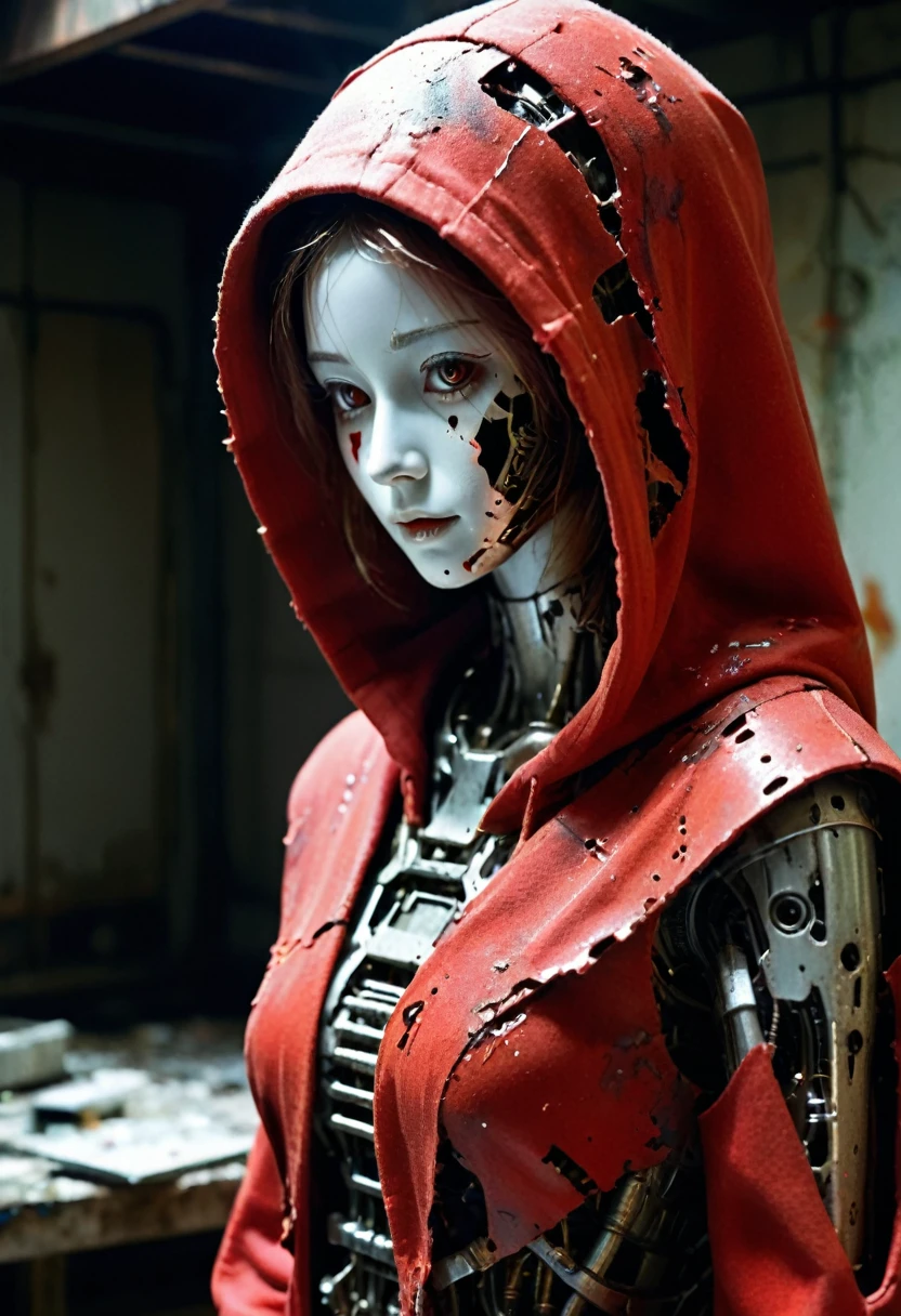 1girl,EA post apocalyptic photo of a red hooded a broken feminine humanoid robot,At night,a light shone on her,dented,scratched,flaking peeling paint,in a abandoned interior room,mossy and fungus,once pretty,An artistic photograph,closeup 50mm f/1.3,Metal threads,with some parts already rusting,A close-up shot of a real metallic mechanical gear structure photo,metal,no humans,reflection,Mecha,red,