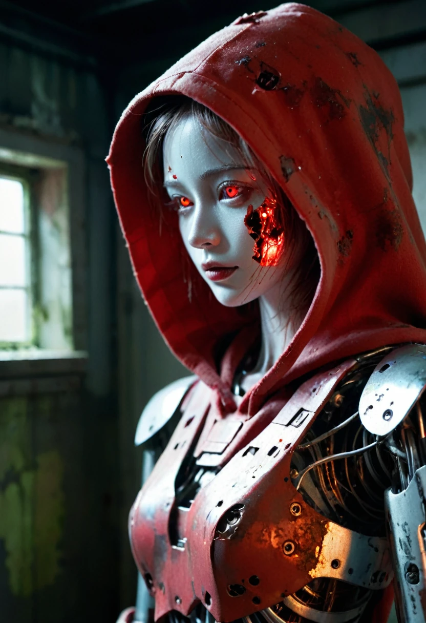 1girl,EA post apocalyptic photo of a red hooded a broken feminine humanoid robot,At night,a light shone on her,dented,scratched,flaking peeling paint,in a abandoned interior room,mossy and fungus,once pretty,An artistic photograph,closeup 50mm f/1.3,Metal threads,with some parts already rusting,A close-up shot of a real metallic mechanical gear structure photo,metal,no humans,reflection,Mecha,red,