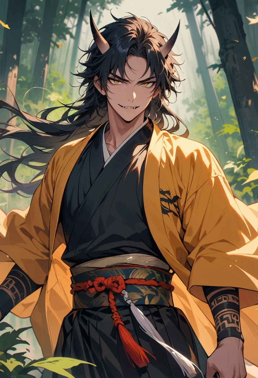 1man, bishonen, adult, handsome, male, solo, oni horns, loose hair, (long black hair), flowing hair, (yellow eyes), yokai, kimono, waist-up, light skin, sinister smirk, muscular, (sharp fangs), (tribal tattoo:1.0), (background in forest), cinematic angle, masterpiece, forest, leaves, lush, best quality, high resolution, ultra-detailed, handsome, mullet,
