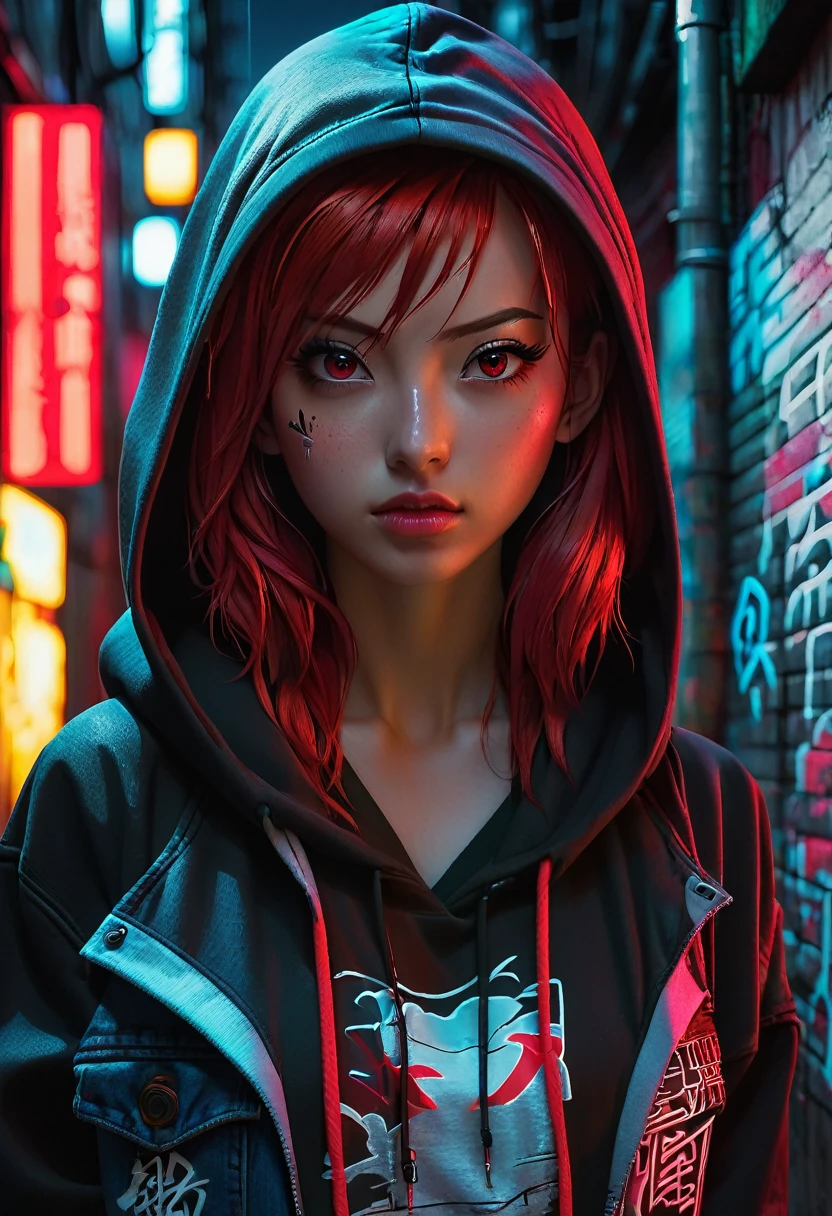 1girl, red hair, red pupils, red hoodie, wearing the hood, jean shorts, dark alley background, japanese graffiti background, red led background, detailed face, high quality, 8k, photorealistic, dramatic lighting, cinematic, neon lights, moody atmosphere, cyberpunk aesthetic, hyper-detailed