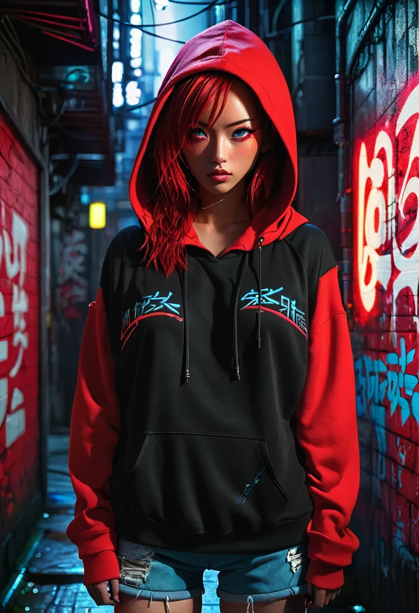 1girl, red hair, red pupils, red hoodie, wearing the hood, jean shorts, dark alley background, japanese graffiti background, red led background, detailed face, high quality, 8k, photorealistic, dramatic lighting, cinematic, neon lights, moody atmosphere, cyberpunk aesthetic, hyper-detailed