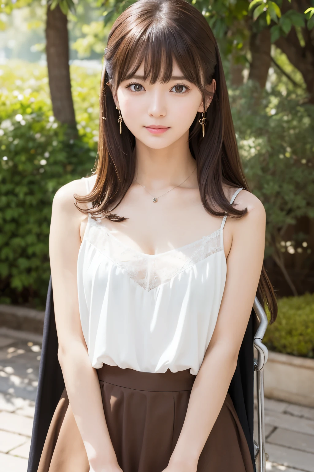 (((Ultimate beauty portrait)))、((Glowing Skin))、One Girl、Beautiful 15 year old Japanese girl、Bright expression、((Brown Hair))、(Cleavage)、(Mini Cart:1.5)、((Big eyes that shine like jewels))、Open the clothes、pantyhose、Glowing Skin、(Medium Hair)、(Smooth ponytail hair)、(Are standing)、(From below)、Under the skirt、(From below下着のクローズアップ)、eyeliner、Beautiful Bangs、Hair between the eyeasterpiece、最high quality、Super detailed、Film Light、fine、High resolution、Very detailed))、Detailed Background、8 Commercial Code、Digital SLR、Soft Light、high quality、Film Grain、Shallow depth field、Natural soft light、Gods、Ample Bust、Sexy open-necked clothing、Belly button、Small breasts、Thin fabric camisole