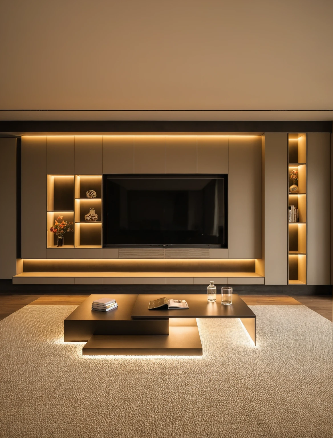 Raw photo,Masterpiece, high quality, best quality, authentic, super detail, interior , sunset, daylight, living room style modern, TV cabinet, TV, decorative cabinet, books, flower vases, bottles, tea table, tray, wine bottle, open book, carpet, wooden floor, curve