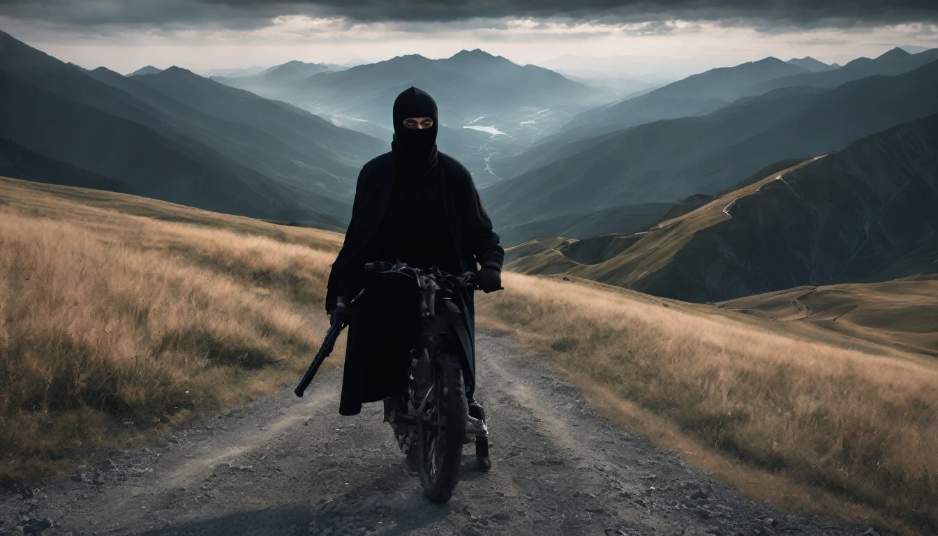 Create a thief with mountain pass , the background that is dark gray gradient, the thief the black balaclava, light eyes. A cinematic image, full HD , foreground