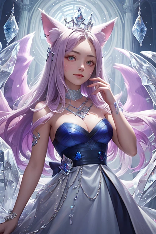 ((best quality)), ((masterpiece)), (detailed), humanoid, rainbow colored kitsune, crystal crown, light purple hair, light purple fox ears, crystallized foxtails, crystal face markings