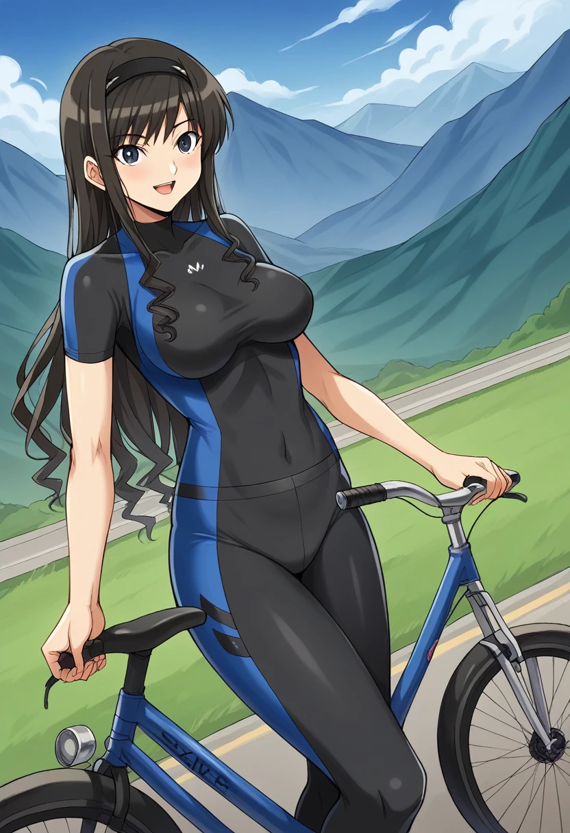 masterpiece, Best Quality,Illustration, Wallpaper, Ultra Detail, 1girl in,Solo,Beautiful detailed eyes,Very thick contour lineedium long Hair、(tight cycling wear and cycling pants)、Dark hair color、cute smile、Overlooking angle:1.2、small head、ample breasts, ridng road bike, mountain road, Hasuka Morishima