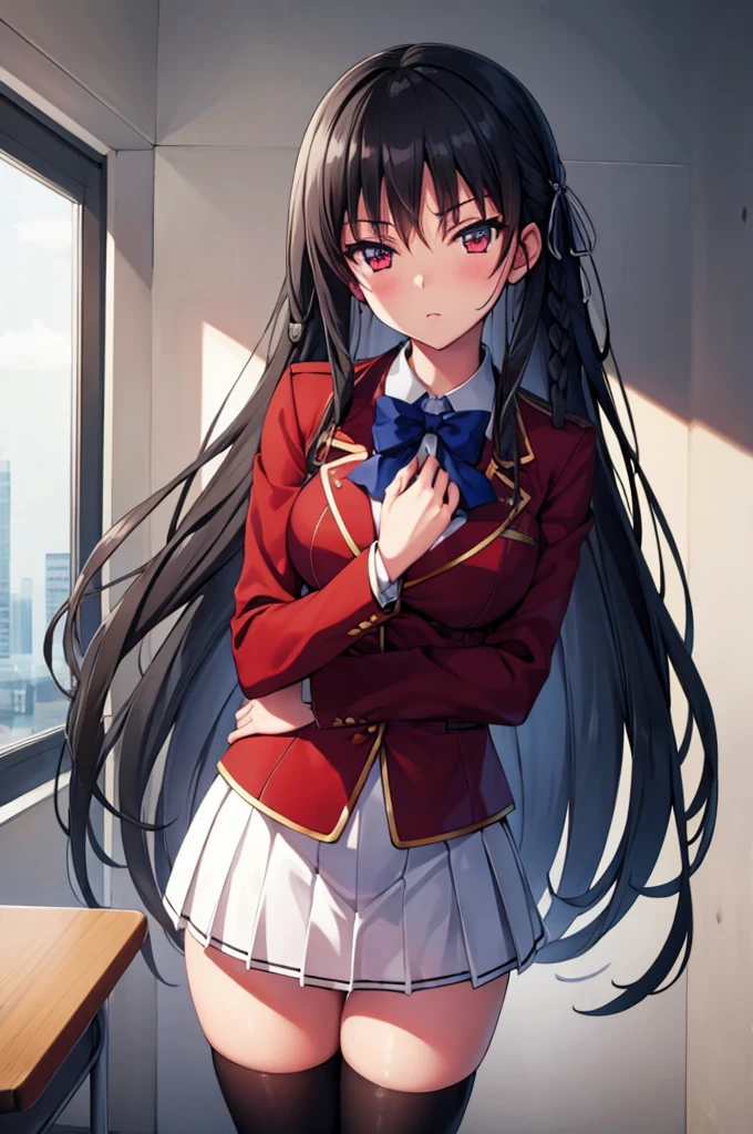 (masterpiece:1.3), (best quality:1.1), (8k, ultra detailed, ultra high res:1.2), ((anime style)), perfect 5 fingers, perfect anatomy, 
1girl,
Suzune Horikita, 
BREAK long hair, braid, 
black hair, 
red eyes, 
blue bow, 
(medium breasts:0.9), 
red jacket, long sleeves, white skirt, pleated skirt, (black thigh-high socks:1.1), 
BREAK looking at viewer, blush, 
cowboy shot, standing, (hand on own chest:1.1), 
perfect light, BREAK (detailed background:1.2), indoors, inside, (classroom:1.2), sky,  