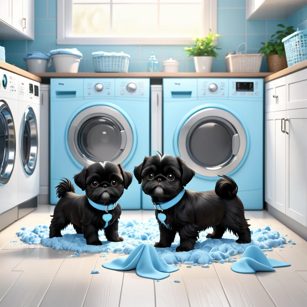 2 Adorable small black Shih Tzu puppies wearing light blue collars, making a mess in Disney laundry room 3d cartoon, 3d render, disney pixar style