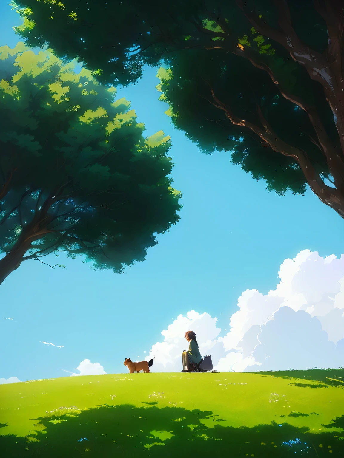 There was a lady and a dog sitting on a hill, beautiful Anime scene, Medium shot. Hayao Miyazaki, Shinkai Makoto Cyril Rolando, Anime rural scenery, Anime Nature, Anime scene, Studio Ghibli, Anime beautiful peaceful scene, Today's selection of animation stills, Artie Guerin 8K, Gurvitz and Makoto Shinkai