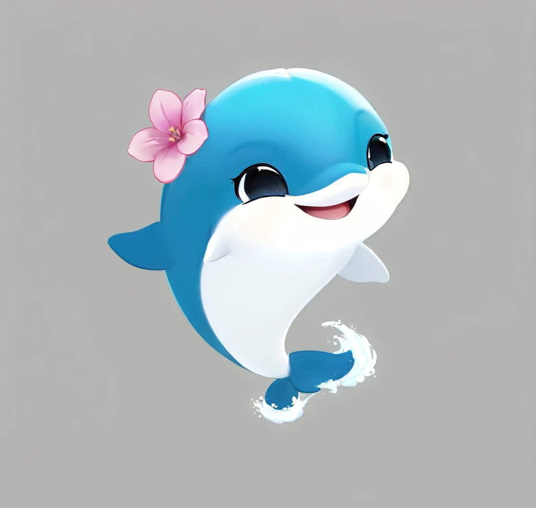 Cute dolphins,Wave tail,big eyes,There is a flower on the head,Cartoon,A bit three-dimensional,artistry,advanced art,Ultra-high quality。8K