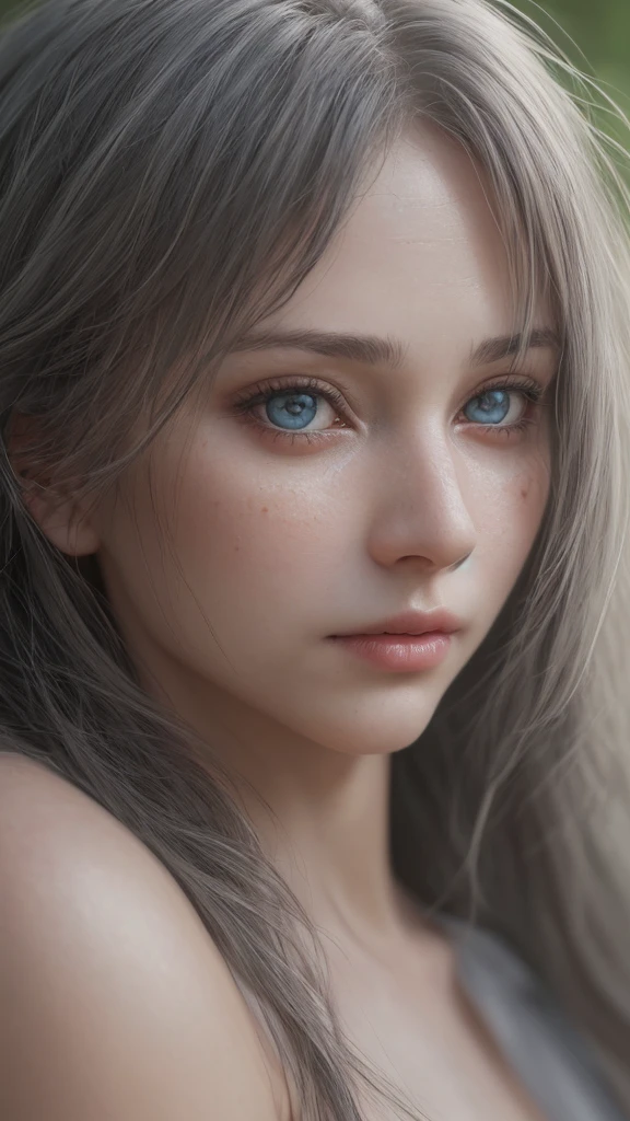 RAW photo, photography, photorealistic, 8k vibrant photograph of woman in nature, ultra detail, finely detailed, dramatic light, finely detailed beautiful eyes, detailed skin, depth of field, grey eyes