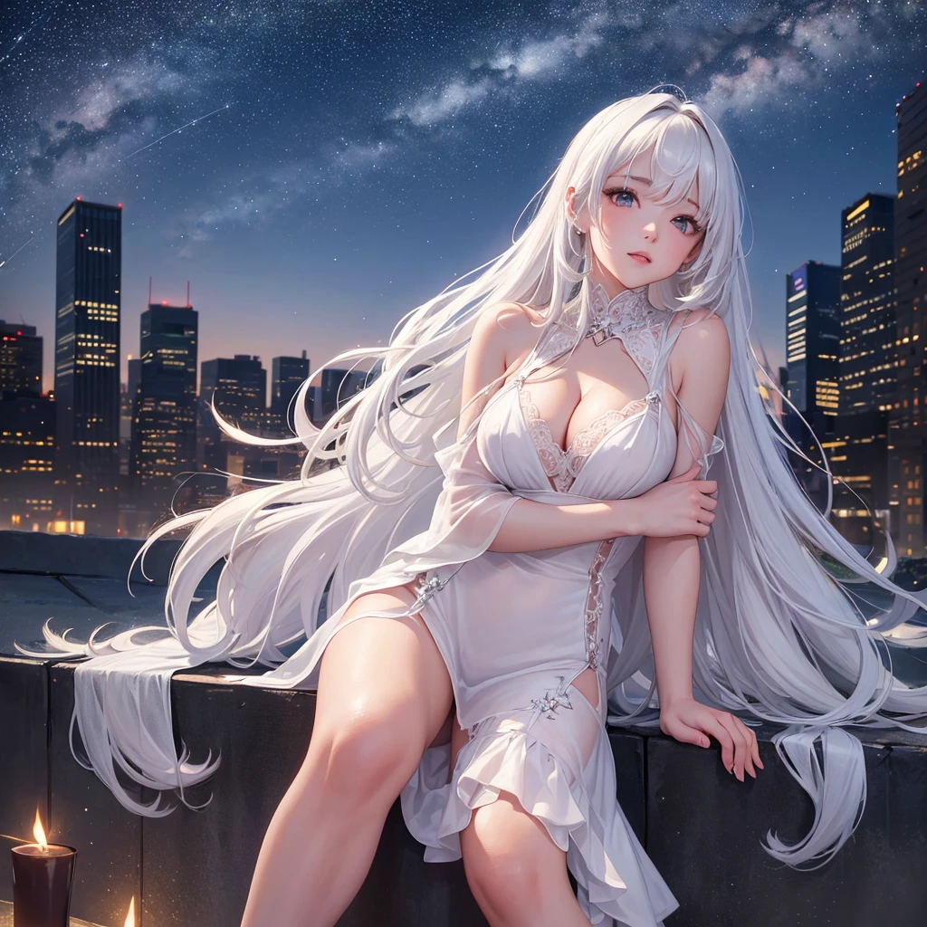 A detailed portrait of a girl sitting outdoors at night, looking at the starry sky with the milky way, surrounded by a night cityscape with buildings silhouetted against the night sky, long white hair. wearing a slightly revealing dress, sexy legs, precise cleavage, beautiful detailed lips, sky, stars, starry night, night, 1 girl.