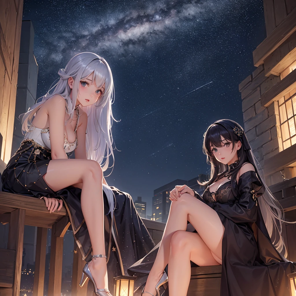 A detailed portrait of a girl sitting outdoors at night, looking at the starry sky with the milky way, surrounded by a night cityscape with buildings silhouetted against the night sky, long white hair. wearing a slightly revealing dress, sexy legs, precise cleavage, beautiful detailed lips, sky, stars, starry night, night, 1 girl.