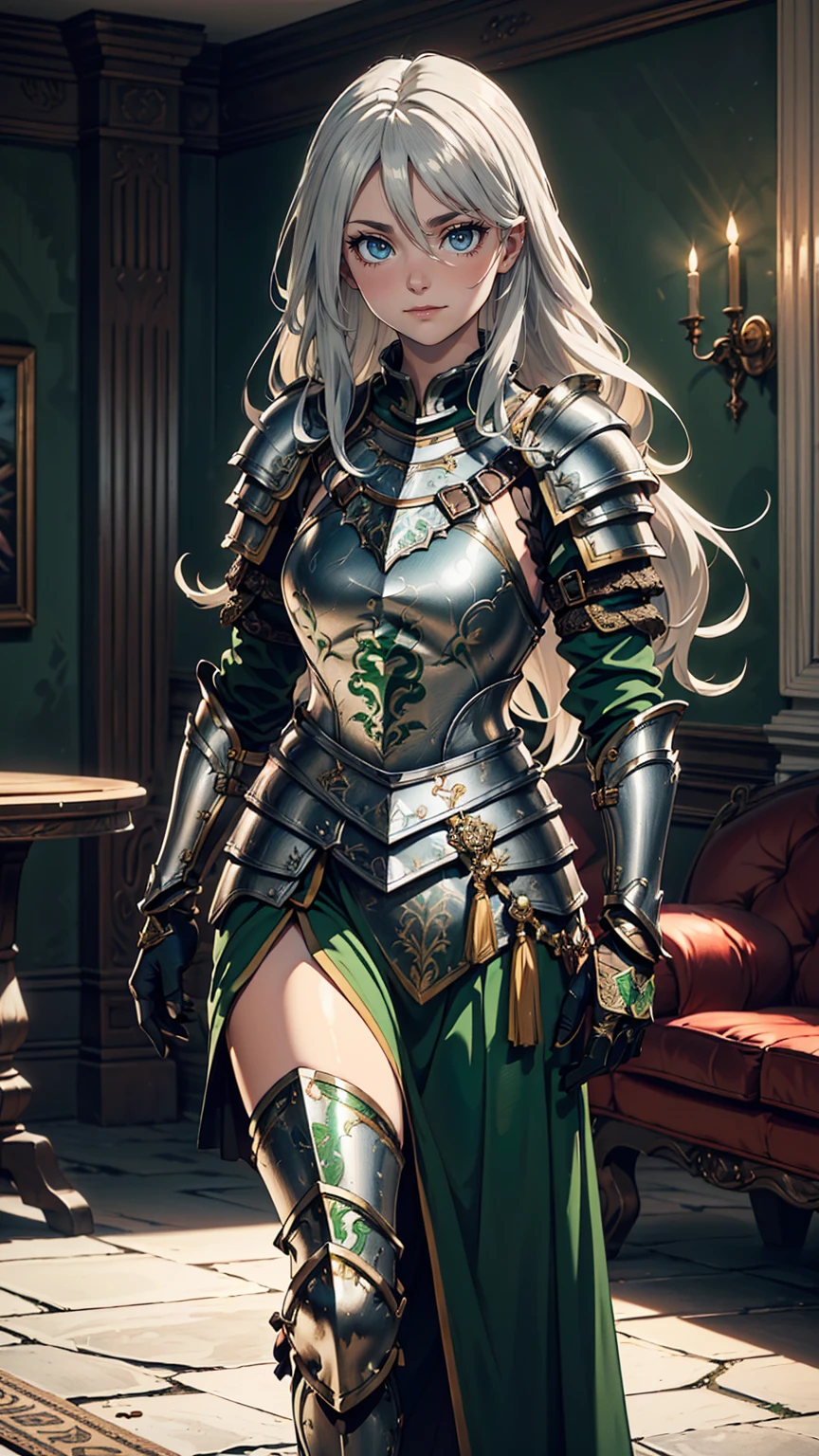 最high quality、Ultra High Definition, Ultra High Quality, Hyper Definition, Hyper Quality, Hyper Detailed, Extremely Detailed, Perfectly Detailed, Best image quality、masterpiece、anime woman((20-year-old、super dynamic pose , Green solid eyes, Silver long Hair、Disheveled Hair、Long White Hair, Glove、Green Skirt, Noble Armor, Smirk、Detailed Cuirass , Dressed in Full Coverage Noble Plate Armor, leg armor)),high quality、Beautiful art、background((Inside the mansion))、Written boundary depth、 movie、Visual Arts、Perfect art、8K,Genuine、