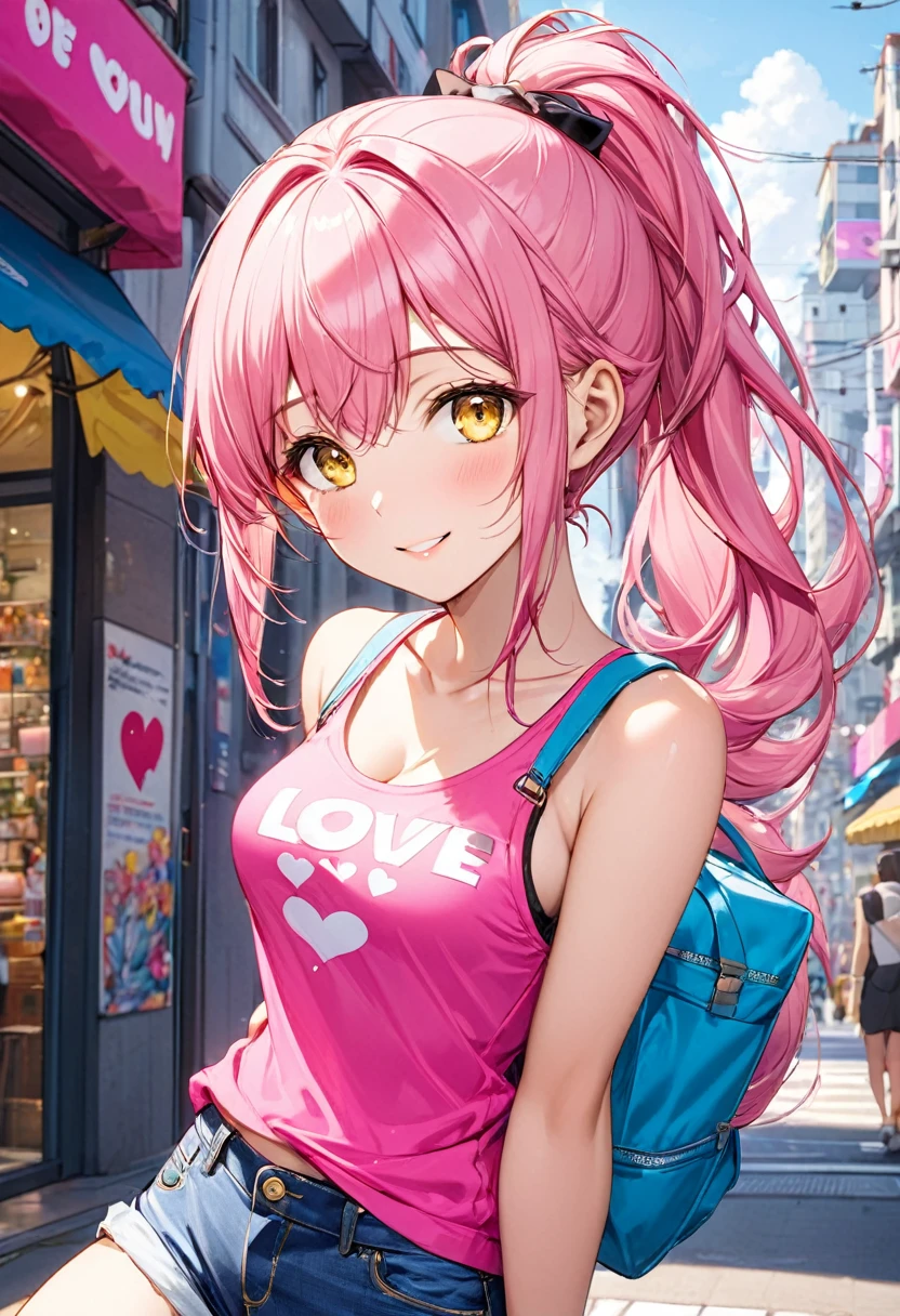 (pink style) (in a cute Tank top, Hot pants), (solo:2, 15 yo, ponytail pink hair long hair lovely girl, cute yellow eyes, love smile, medium tits), in the pop city, BREAK, perfect anatomy, masterpiece, best quality, 16k, beautiful detailed grow, daydreaming expression.