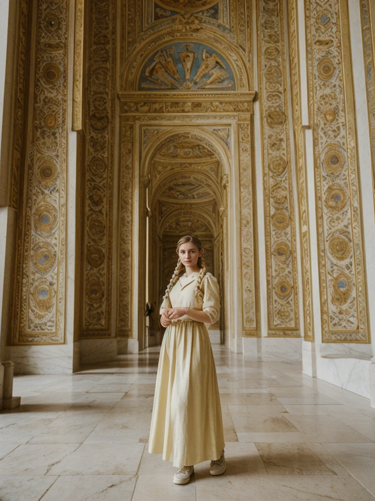 her name is Amelie, high quality, 1girl, ((20-year-old fit Caucasian woman)), ((20 years old)), ((fit)), ((Halo Braid)), pose: standing, wearing unique Generation-Z modern wear monochromatic colored, BACKGROUND: The Vatican Museums’ opulent rooms are filled with Renaissance art and intricate tapestries.