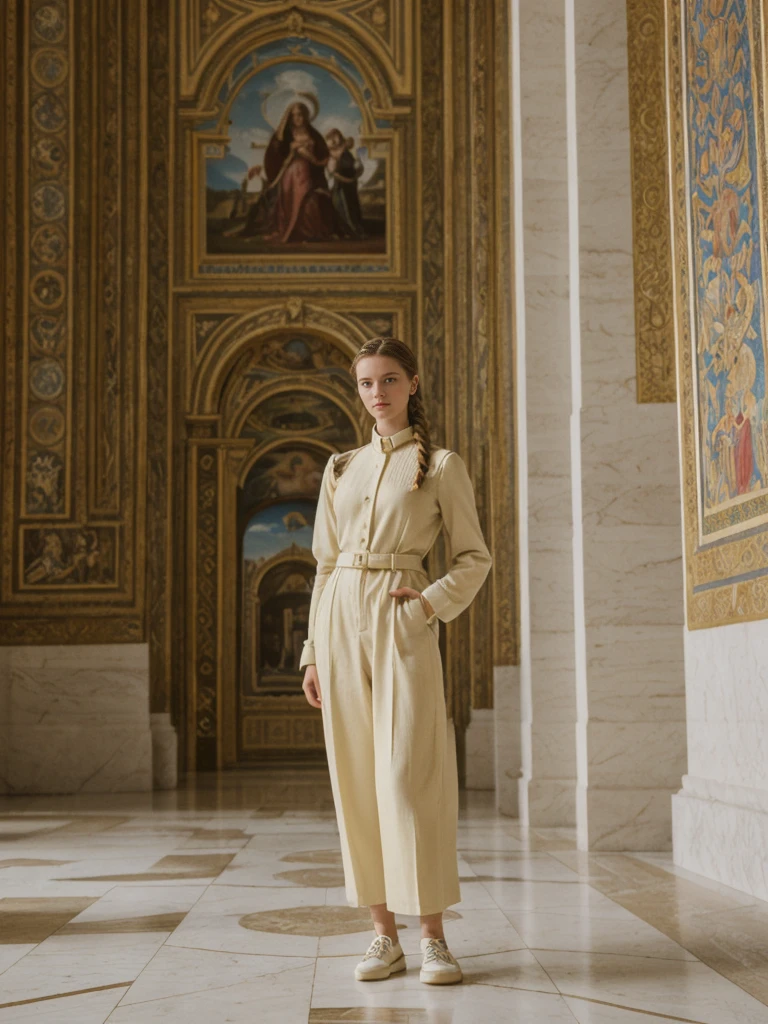 her name is Amelie, high quality, 1girl, ((20-year-old fit Caucasian woman)), ((20 years old)), ((fit)), ((Halo Braid)), pose: standing, wearing unique Generation-Z modern wear monochromatic colored, BACKGROUND: The Vatican Museums’ opulent rooms are filled with Renaissance art and intricate tapestries.
