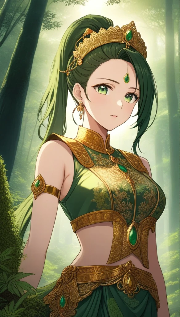 fantasy style, floral background, romance manhwa, 1girl, solo,  green eyes, ponytail, beautiful body, royal intricate sari, (ornate intricate golden chest armor), hairup, ornate big hairpin, forehead, (glowing forehead ornate headpiece), hindu, twilight, temple, forest, moss, mirage, trees, detailed embroidered, sleeveless, cowboy shot,