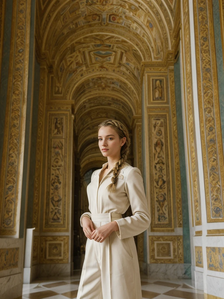 her name is Amelie, high quality, 1girl, ((20-year-old fit Caucasian woman)), ((20 years old)), ((fit)), ((Halo Braid)), pose: standing, wearing unique Generation-Z modern wear monochromatic colored, BACKGROUND: The Vatican Museums’ opulent rooms are filled with Renaissance art and intricate tapestries.
