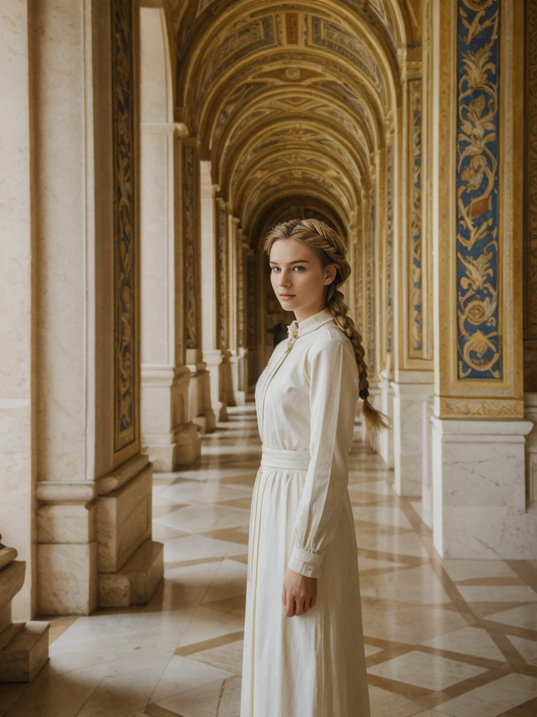 her name is Amelie, high quality, 1girl, ((20-year-old fit Caucasian woman)), ((20 years old)), ((fit)), ((Halo Braid)), pose: standing, wearing unique Generation-Z modern wear monochromatic colored, BACKGROUND: The Vatican Museums’ opulent rooms are filled with Renaissance art and intricate tapestries.