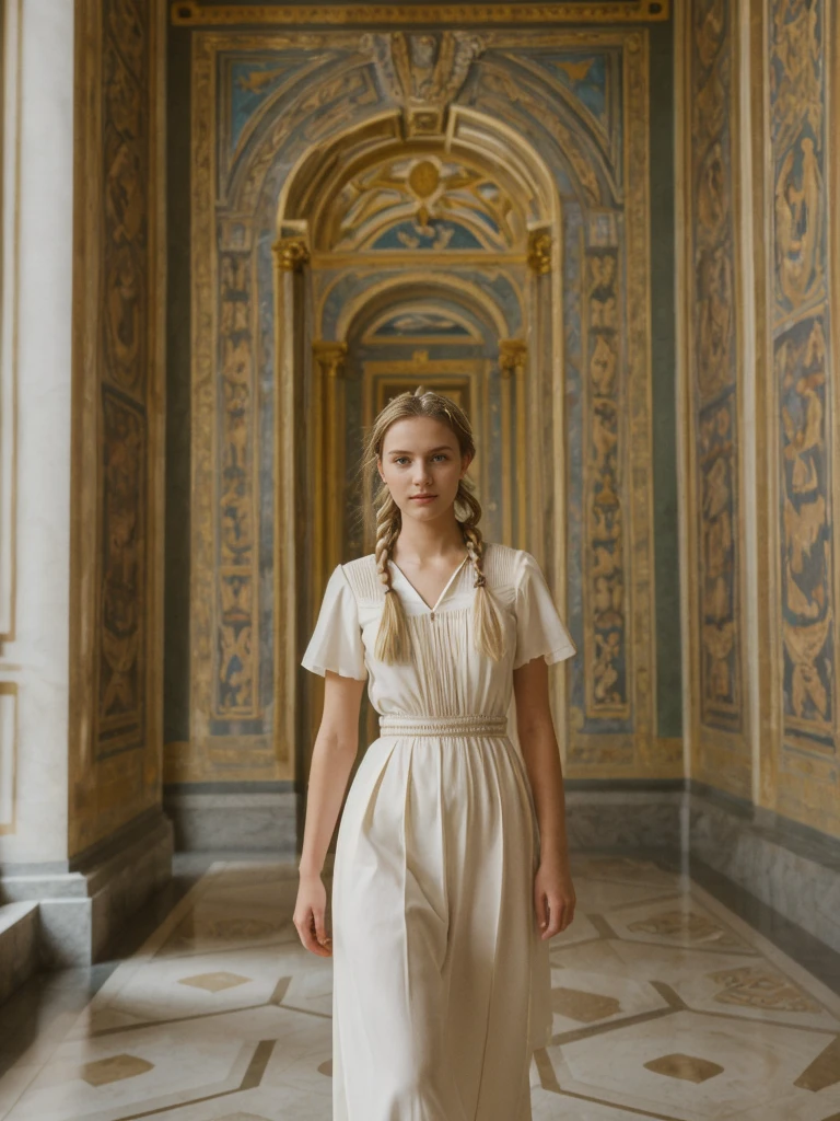 her name is Amelie, high quality, 1girl, ((20-year-old fit Caucasian woman)), ((20 years old)), ((fit)), ((Halo Braid)), pose: standing, wearing unique Generation-Z modern wear monochromatic colored, BACKGROUND: The Vatican Museums’ opulent rooms are filled with Renaissance art and intricate tapestries.