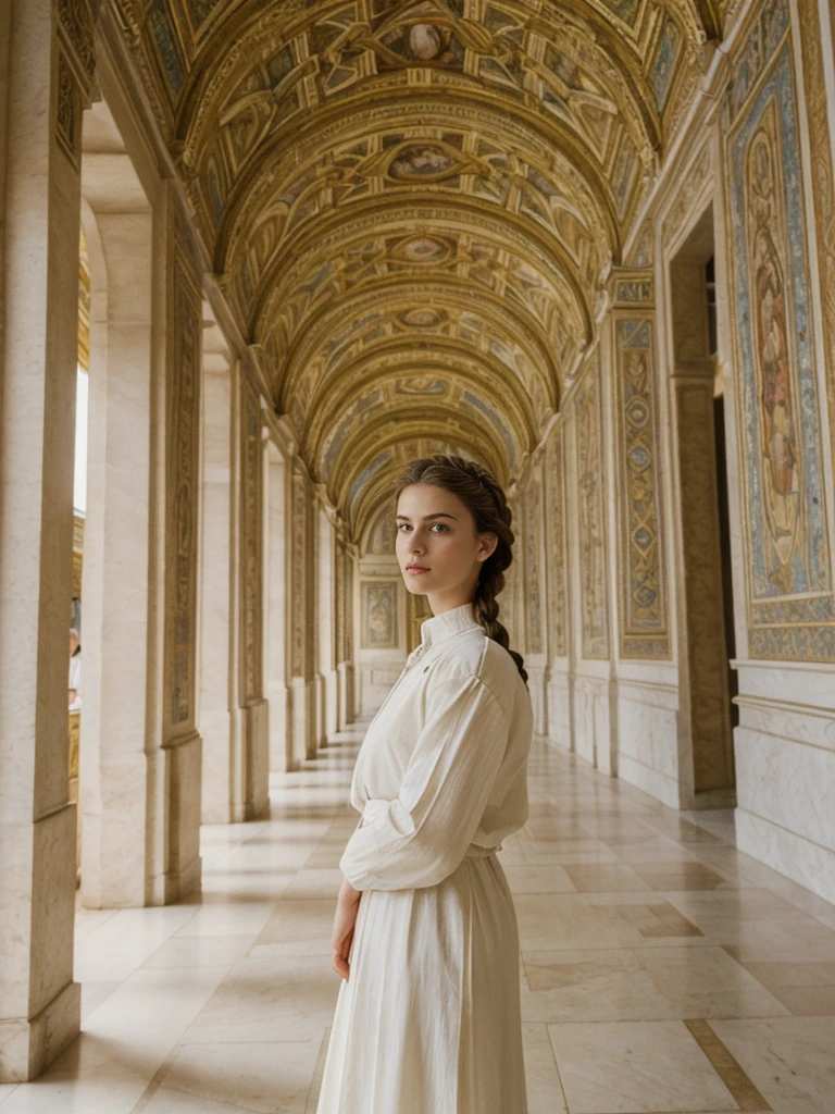 her name is Amelie, high quality, 1girl, ((20-year-old fit Caucasian woman)), ((20 years old)), ((fit)), ((Halo Braid)), pose: standing, wearing unique Generation-Z modern wear monochromatic colored, BACKGROUND: The Vatican Museums’ opulent rooms are filled with Renaissance art and intricate tapestries.