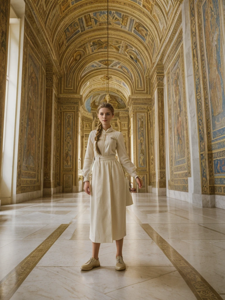 her name is Amelie, high quality, 1girl, ((20-year-old fit Caucasian woman)), ((20 years old)), ((fit)), ((Halo Braid)), pose: standing, wearing unique Generation-Z modern wear monochromatic colored, BACKGROUND: The Vatican Museums’ opulent rooms are filled with Renaissance art and intricate tapestries.