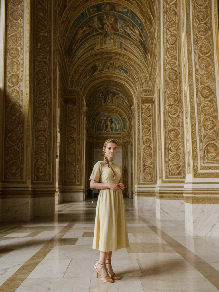 her name is Amelie, high quality, 1girl, ((20-year-old fit Caucasian woman)), ((20 years old)), ((fit)), ((Halo Braid)), pose: standing, wearing unique Generation-Z modern wear monochromatic colored, BACKGROUND: The Vatican Museums’ opulent rooms are filled with Renaissance art and intricate tapestries.