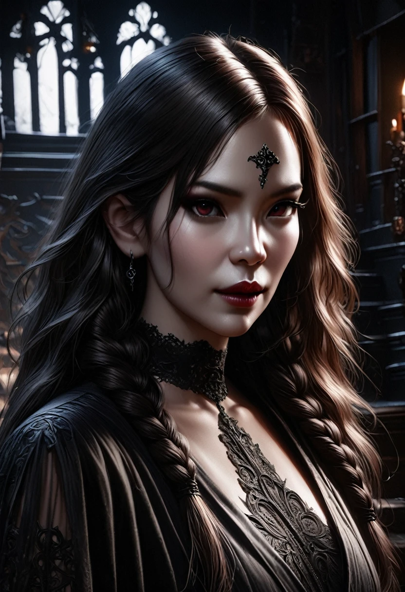 Art of a brunette woman with black hair, eyes browns, Full mouth, ful dressed, black cape with hood next to a tall man, brawny, dark-skinned, snake eyes, antlers