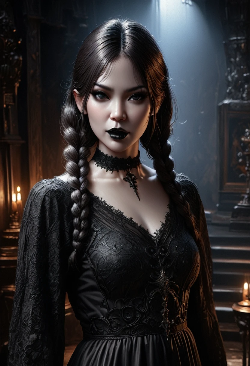 a beautiful young gothic girl with long twin braids, detailed facial features, pale skin, dramatic dark eye makeup, black lipstick, black choker, dark lace dress, standing in a dark gothic room, (best quality,4k,8k,highres,masterpiece:1.2),ultra-detailed,(realistic,photorealistic,photo-realistic:1.37),cinematic lighting,dramatic shadows,moody atmosphere,dark fantasy,dark art