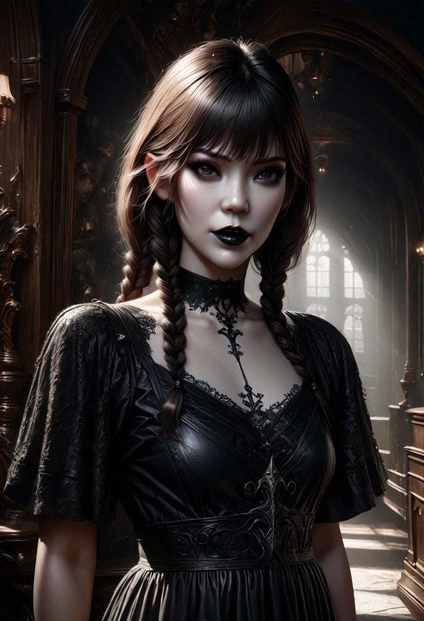 a beautiful young gothic girl with long twin braids, detailed facial features, pale skin, dramatic dark eye makeup, black lipstick, black choker, dark lace dress, standing in a dark gothic room, (best quality,4k,8k,highres,masterpiece:1.2),ultra-detailed,(realistic,photorealistic,photo-realistic:1.37),cinematic lighting,dramatic shadows,moody atmosphere,dark fantasy,dark art