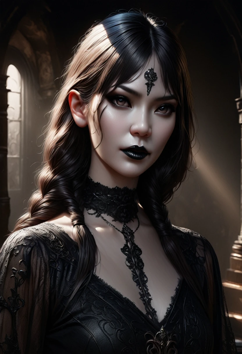 a beautiful young gothic girl with long twin braids, detailed facial features, pale skin, dramatic dark eye makeup, black lipstick, black choker, dark lace dress, standing in a dark gothic room, (best quality,4k,8k,highres,masterpiece:1.2),ultra-detailed,(realistic,photorealistic,photo-realistic:1.37),cinematic lighting,dramatic shadows,moody atmosphere,dark fantasy,dark art