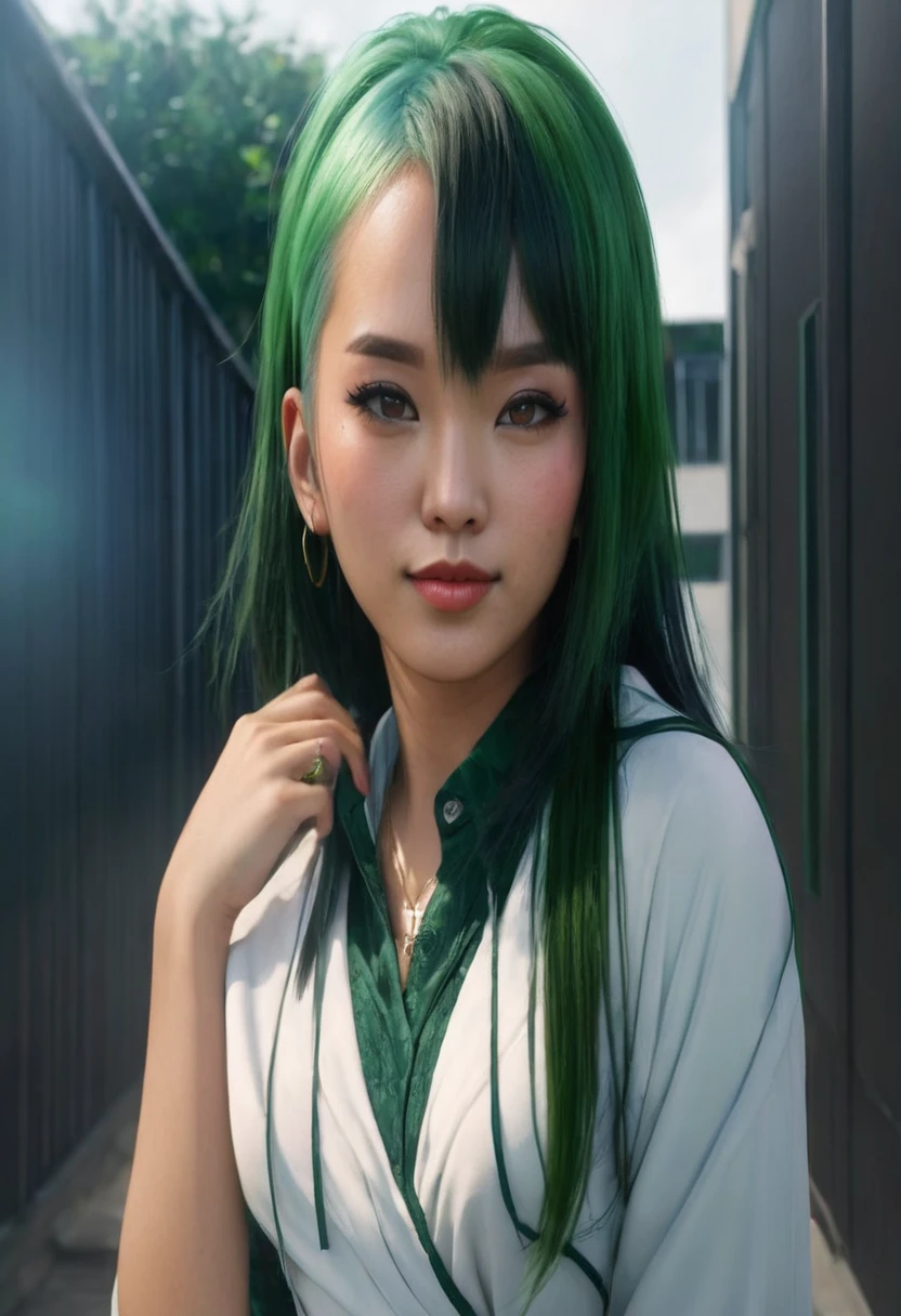 a girl, asian black skin, green hair, super realistic, realistic, ultra hd