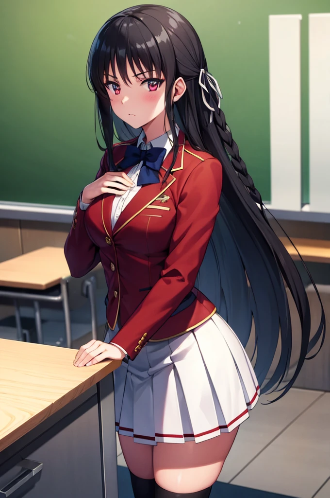 (masterpiece:1.3), (best quality:1.2), (8k, ultra detailed, ultra high res:1.2), ((anime style)), perfect 5 fingers, perfect anatomy, 
1girl,
Suzune Horikita, 
BREAK long hair, braid, 
black hair, 
red eyes, 
blue bow, 
(medium breasts:0.9), 
red jacket, long sleeves, white skirt, pleated skirt, (black thigh-high socks:1.1), 
BREAK looking at viewer, blush, 
cowboy shot, standing, (hand on own chest:1.1), 
perfect light, BREAK (detailed background:1.2), indoors, inside, (classroom:1.2), sky,  