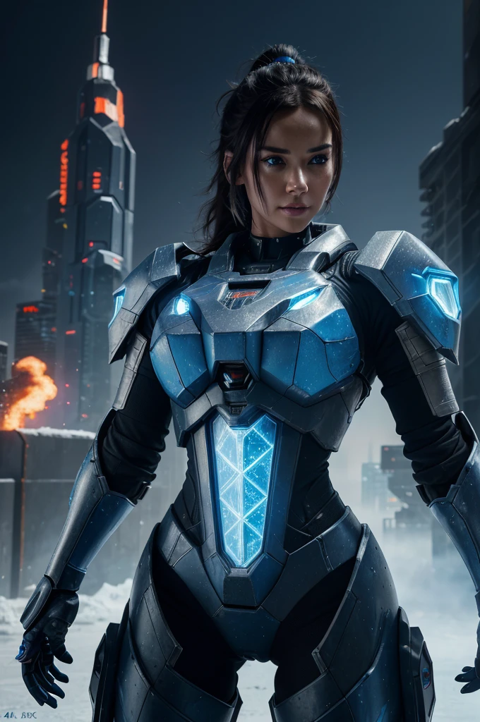 Face A mech girl, lasers, powerful armor, sharp gaze, frost, flames, perfect details, (best quality, 4k, highres, masterpiece:1.2), ultra-detailed, realistic:1.37, HDR, studio lighting, vivid colors, (cyberpunk, futuristic) style, icy blue color scheme, dynamic lighting. ULTRA MOD 