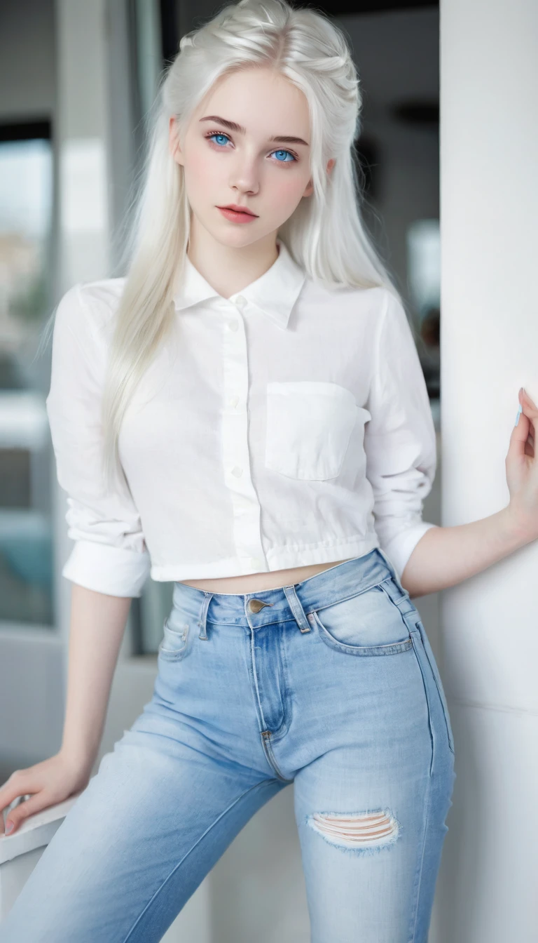Very beautiful 18 year old girl, with white hair up and white skin and blue eyes with wide jeans full body 