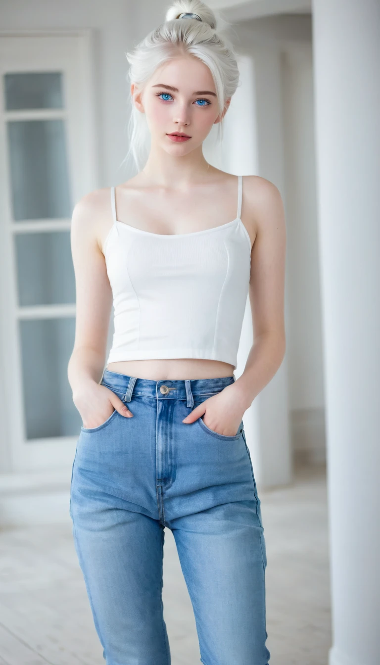 Very beautiful 18 year old girl, with white hair up and white skin and blue eyes with wide jeans full body 