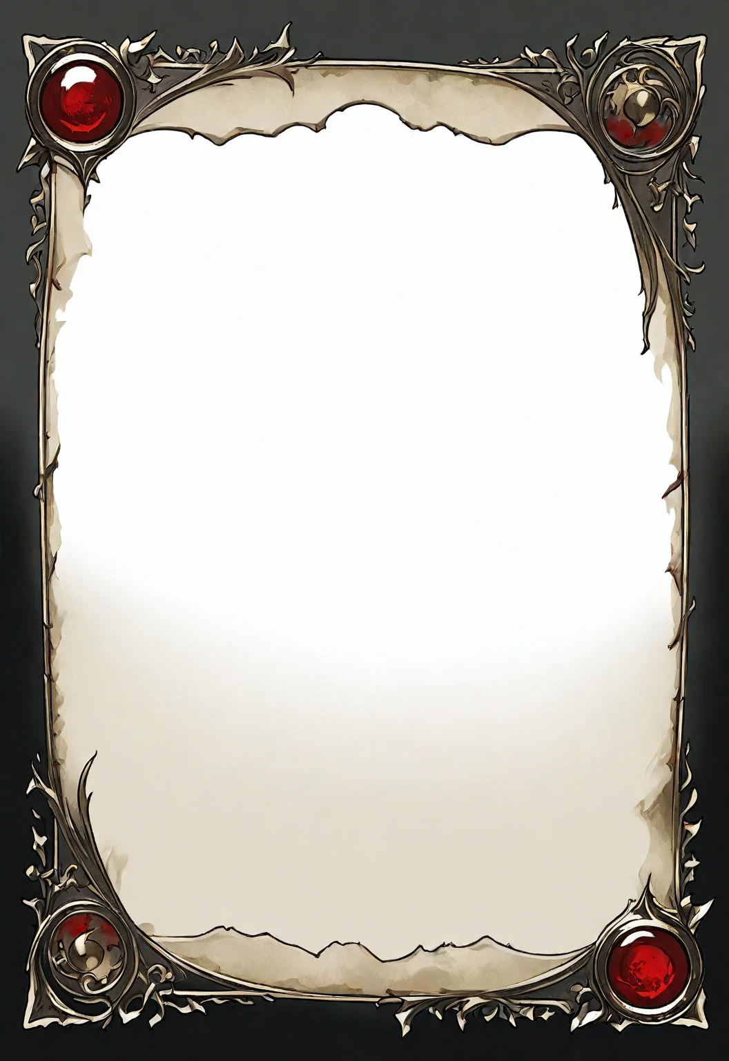 A card border UI,Medieval European fantasy style,Suspense style,Profile Style。Leave a square blank space in the middle,Parchment backing,There are blood stains on it。Black and White、yellowish、Dark red main color。