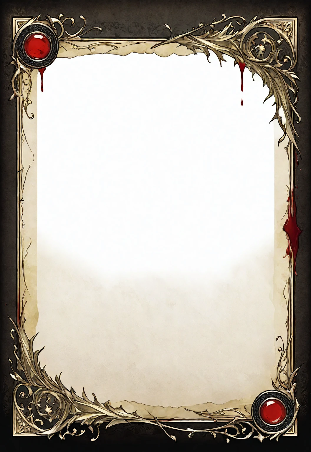 A card border UI，Medieval European fantasy style，Suspense style，Profile Style。Leave a square blank space in the middle，Parchment backing，There are blood stains on it。Black and White、yellowish、Dark red main color。