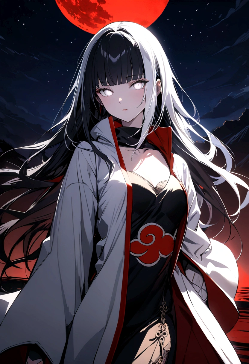 (Art), (best quality), ultra high resolution, professional art, ultra detailed, complex, detailed face, perfect lighting, white, 1 girl, white hair, (white eyes), akatsuki outfit, ninja, white cape, lab coat white, turtleneck, collarbone, head, night, night sky, crescent moon, red moon, outdoors, (cowboy shot, distant shot), blunt bangs, black hair, long hair, coloring sketch, black and white