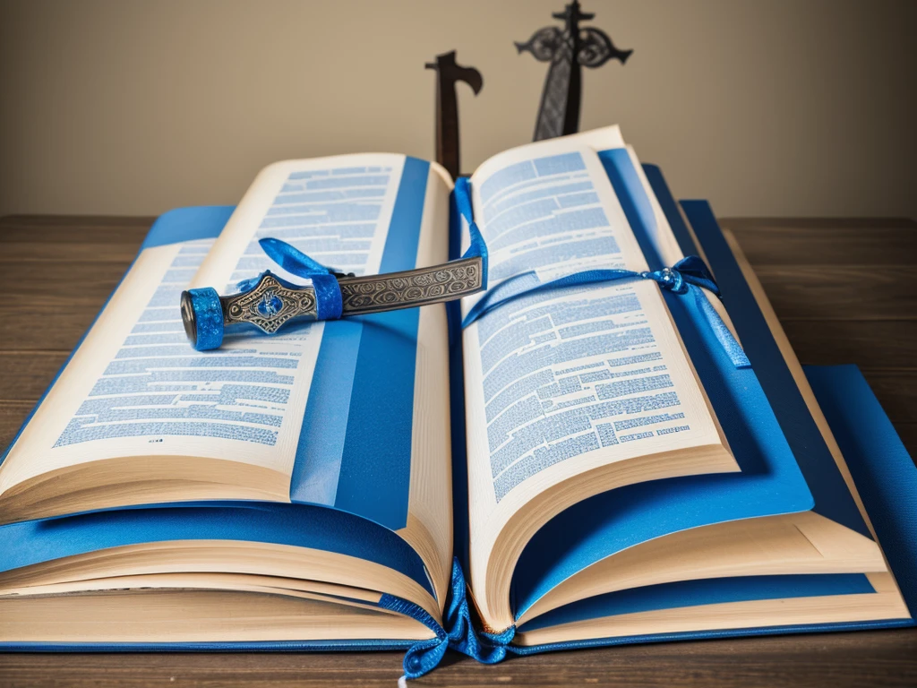 create a logo with a bible and in the middle of the closed bible and a large sword standing in the middle of the bible with blue gems and writing:Inspiring Stories of Faith.