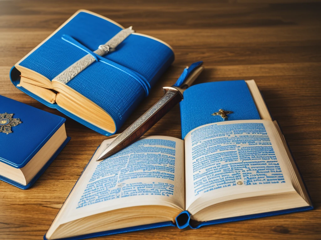create a logo with a bible and in the middle of the closed bible and a large sword standing in the middle of the bible with blue gems and writing:Inspiring Stories of Faith.