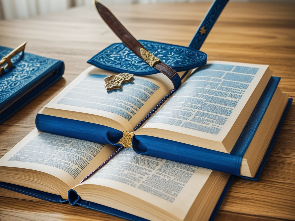 create a logo with a bible and in the middle of the closed bible and a large sword standing in the middle of the bible with blue gems and writing:Inspiring Stories of Faith.