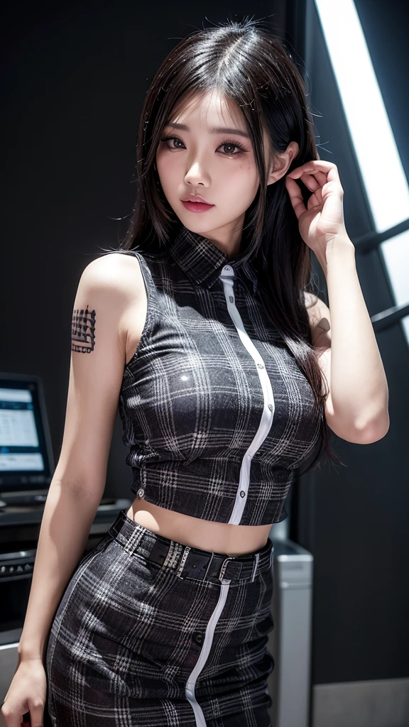 8k high-resolution CG unity wallpaper, highest quality, parts grid, realistic, hyper-realistic photography. High profile beautiful young woman arafed Thai woman with tattoo on her arm and black and white checkered shirt. Sakimichan Thai girl beautiful Thai woman , Gorgeous Thai girl, Wan&#39;s cute Thai face, Jae Yeon Nam, heonhwa choe, Sun Yunju, jinyoung shin, beautiful thai girl, Profile picture, gongbi, Ulzzang, beautiful, good figure, model, big breasts, very beautiful smile, Thai girl, Thai model, Thai model, gravure idol, long hair, very beautiful.