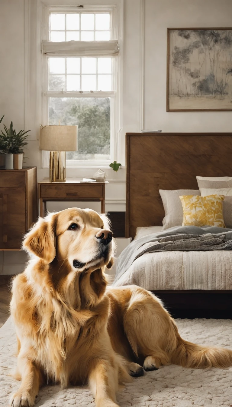 I want to draw a picture of an adult Golden Retriever looking for something in a corner of a bedroom..