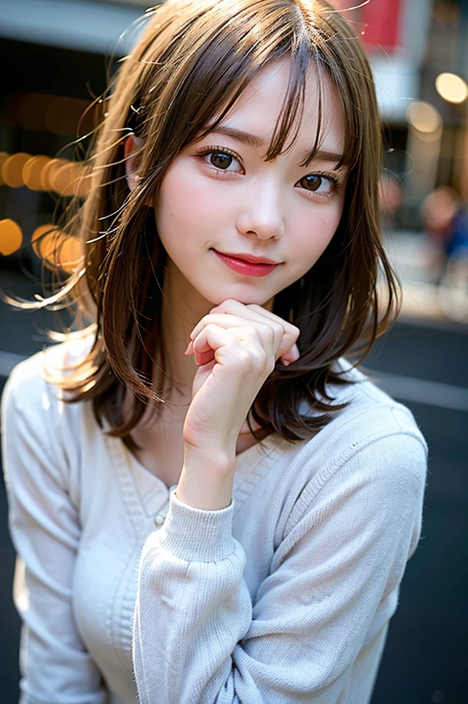 (8K, Raw photo:1.2), Detailed face and eyes,Best Quality, 超A high resolution, Highly detailed ,intricate detailes ,masutepiece ,Cute Girl , smiling, Soft cinematic light, Hyper-detailing,Sharp Focus, High quality, Blonde hair, bob cuts,   Blurred Background, Particles of light, Strong winds,