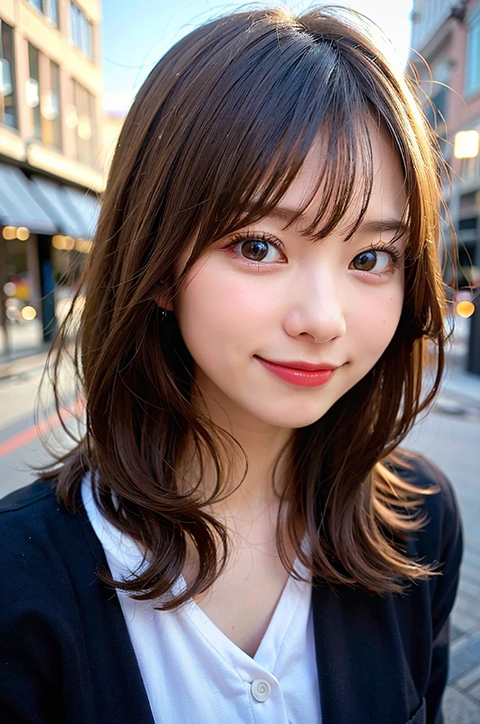 (8K, Raw photo:1.2), Detailed face and eyes,Best Quality, 超A high resolution, Highly detailed ,intricate detailes ,masutepiece ,Cute Girl , smiling, Soft cinematic light, Hyper-detailing,Sharp Focus, High quality, Blonde hair, bob cuts, Blurred Background, Particles of light, Strong winds,