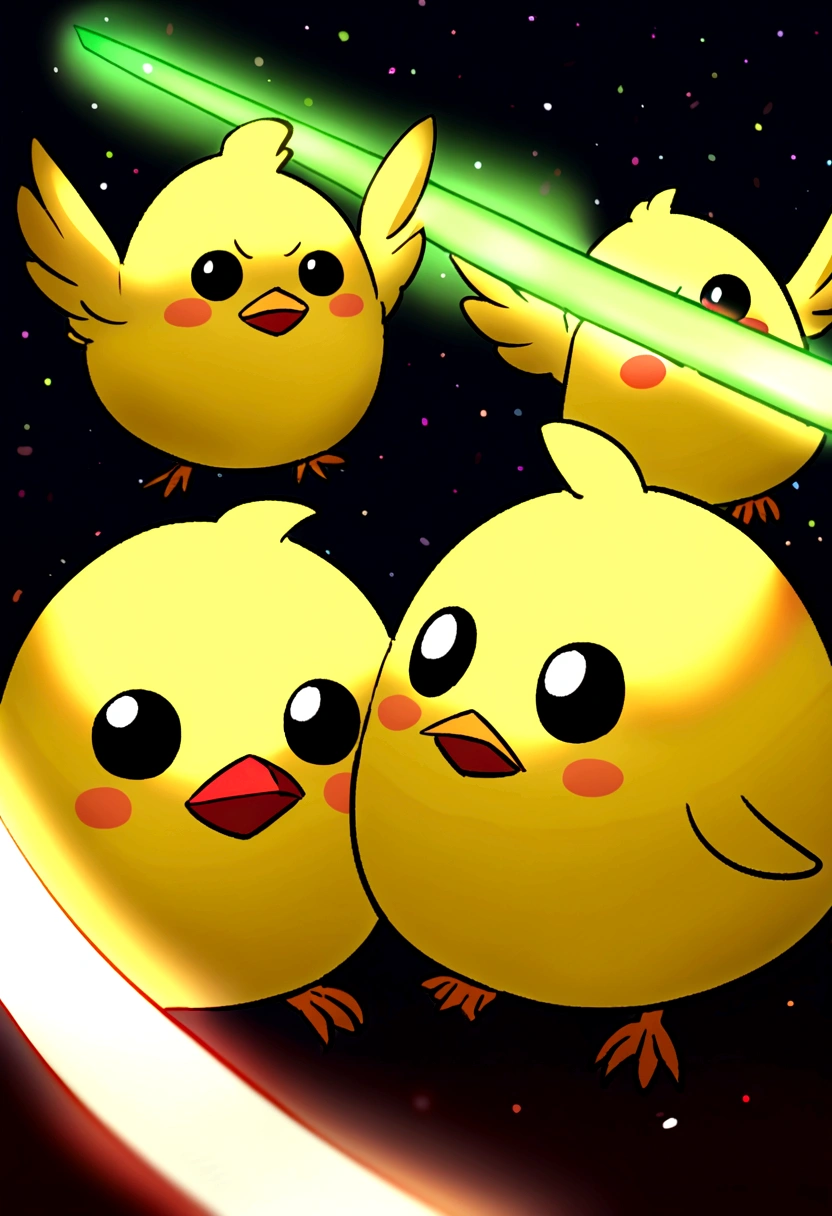 ((Cute little bird,Yellow body,Red Mouth,Chick)),Simple Background,Cute expression、Real、The green onions shine, space、A bird is holding a leek lightsaber、